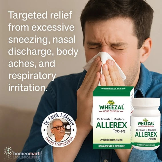 Dr. Farokh J. M. Allerex Tablets offer targeted relief from excessive sneezing, nasal discharge, body aches, and respiratory irritation.