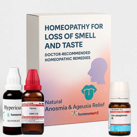 Homeopathic remedies for loss of smell and taste with packaging in the background