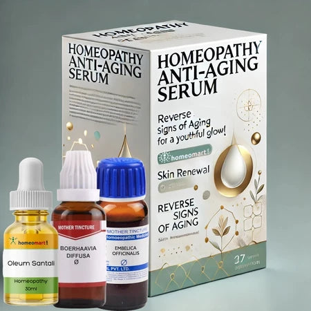 Homeopathy anti-aging serum with amla, punar nava, and sandalwood oil helps reduce wrinkles, dullness, and sagging skin. Achieve youthful, radiant skin naturally.