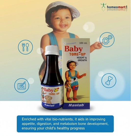 Haslab Baby Tone-Up supplement bottle and packaging with a child on a gradient background