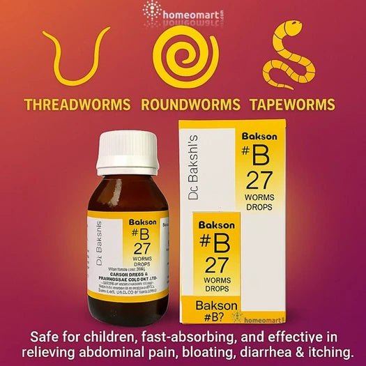 Bakson #B27 worms drops bottle and packaging on a red background with homeomart branding.