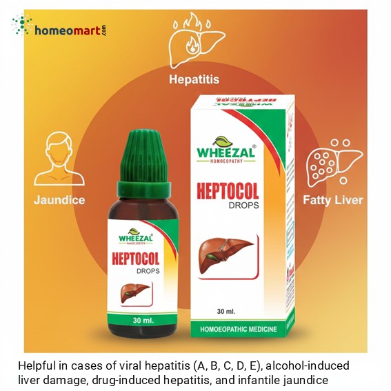Wheezal Heptocol Drops packaging with a bottle and box on an orange background.