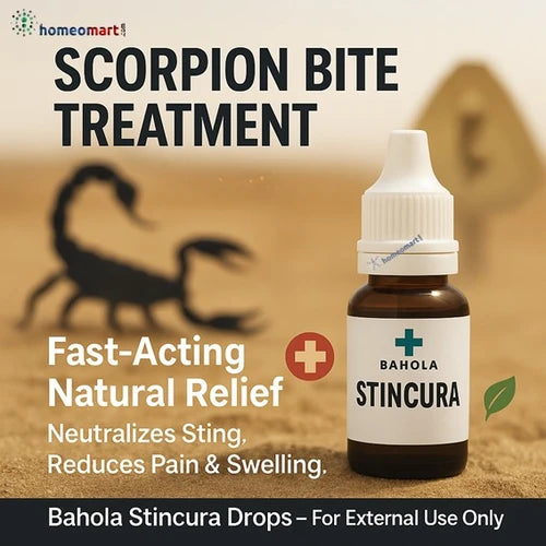Scorpion bite treatment bottle with scorpion silhouette on sand background
