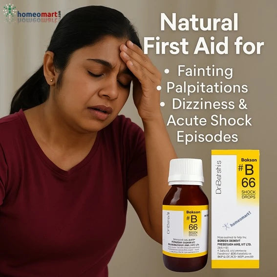 Dr. Bakshi’s B66 is your natural emergency support during circulatory disturbances like fainting, cold sweats, nausea, dizziness, and palpitations. Formulated with fast-acting homeopathic ingredients like Acidum Phos, Carbo Veg, and Veratrum Alb, it helps restore oxygen flow, balance vitals, and prevent syncope—safely and effectively.
