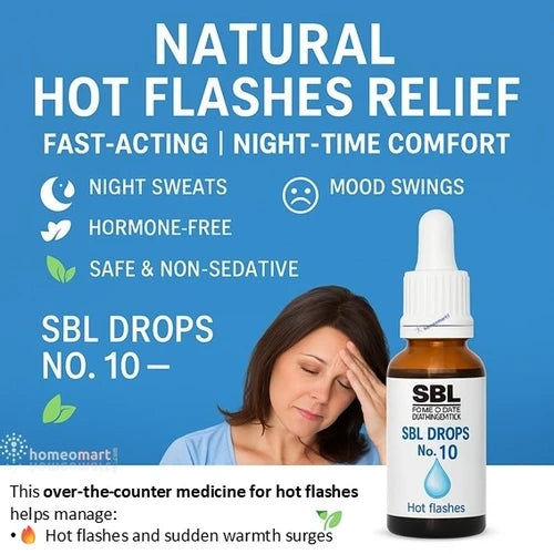 Infographic for SBL Drops No. 10 for natural hot flashes relief with a woman experiencing hot flashes.