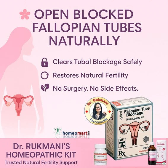 Infographic about Dr. Rukmani's homeopathic kit to open blocked fallopian tubes on a pink background.