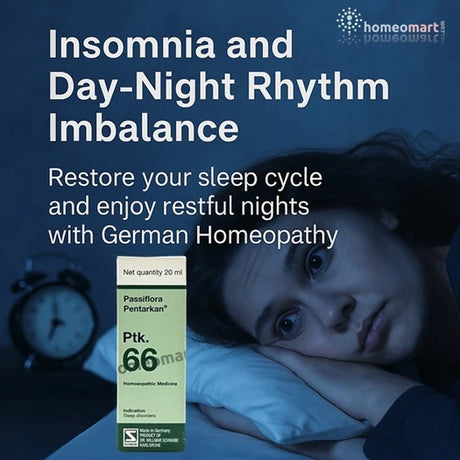 Person lying in bed with insomnia, product labeled 'Passiflora Pentarkana' on a blue background