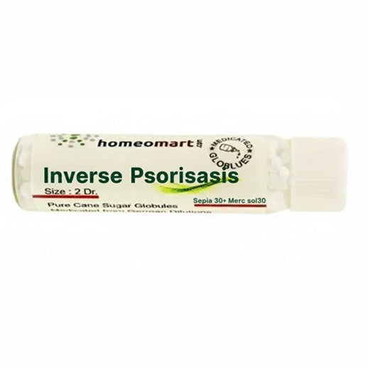 Pills Tube labeled 'Inverse Psorisasis' by Homeomart on a white background