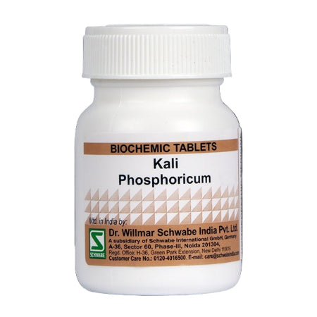Bottle of Biochemic Tablets Kali Phosphoricum by Dr. Willmar Schwabe India on a white background