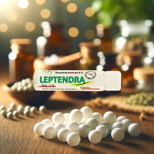 A bottle of Homeomart Leptandra 2 dr Pills, indicating the size 2 dram and the active ingredient Leptandra Dilution.