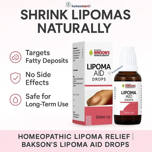 Bakson's Lipoma Aid Drops packaging with text highlighting benefits on a white background