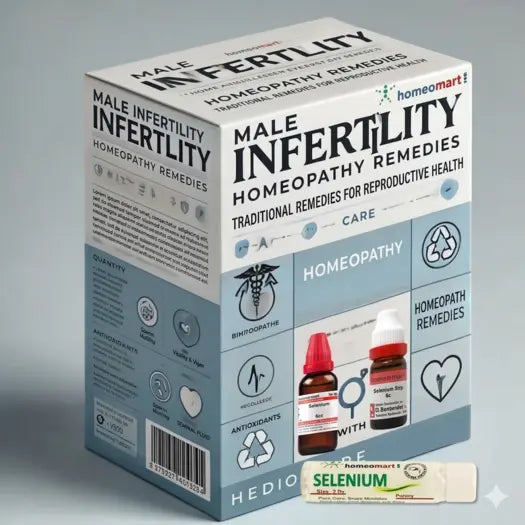Box of male infertility homeopathy remedies with product images on a gray background