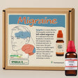 Migraine treatment packaging with Spigelia Q and homeopathy bottles on a beige background