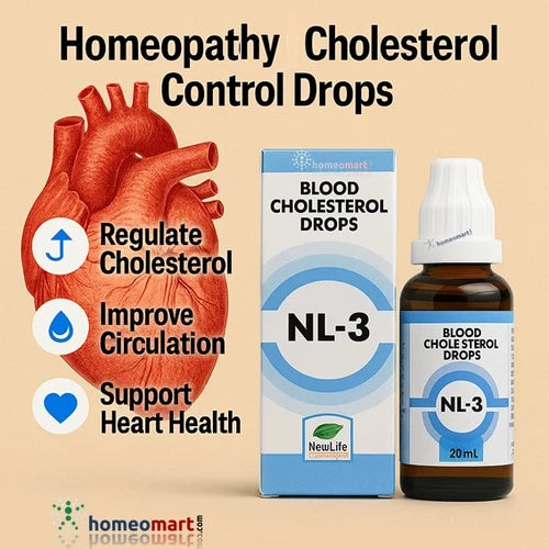 Homeopathy cholesterol control drops with heart illustration and product packaging on beige background