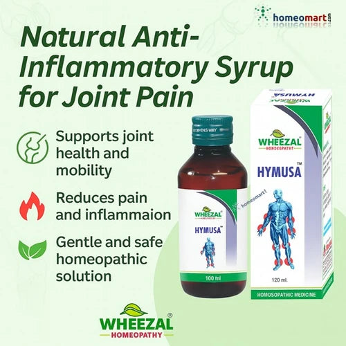 Wheezal Hymusa syrup bottle and packaging with product details on a green background