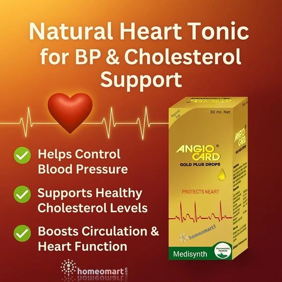 Angio Card packaging with heart tonic benefits on a red background