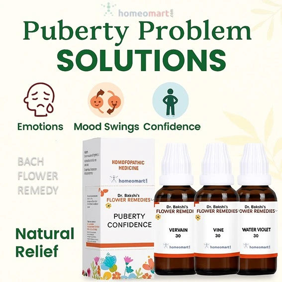 Bach Flower Remedies for puberty problems with bottles and packaging on a white background. Aids Emotional Balance