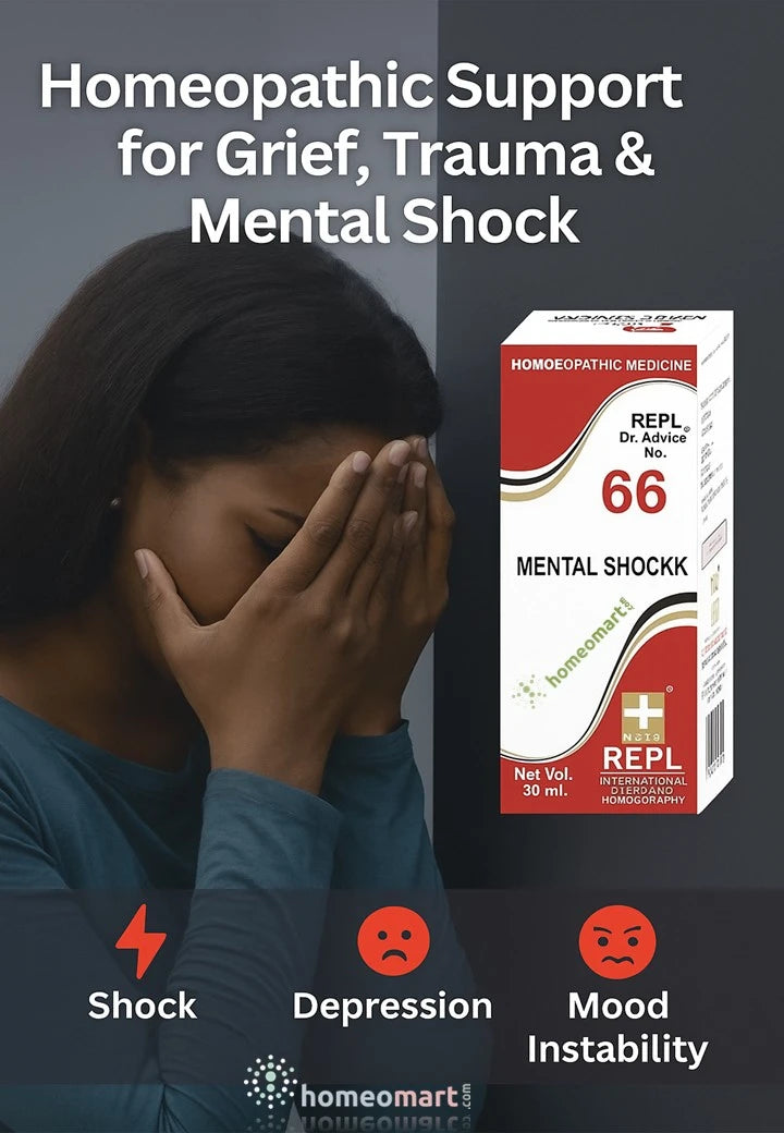 REPL No. 66 is your natural ally in times of emotional upheaval—whether it's grief, trauma, heartbreak, or depressive episodes. This unique blend of homeopathic remedies like Ignatia Amara, Kali Phosphoricum, and Calcarea Phosphorica gently eases symptoms like sadness, tearfulness, irritability, and emotional withdrawal.