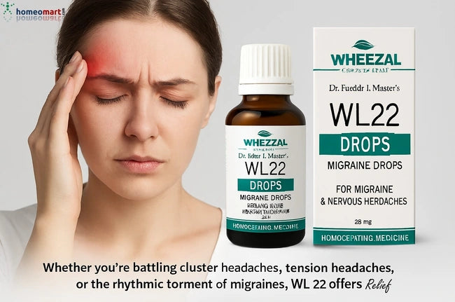 Woman with headache next to Wheezal WL22 Drops packaging