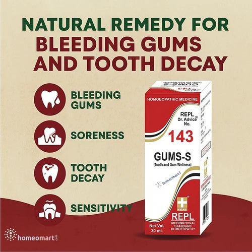 Box of GUMS-S remedy for bleeding gums and tooth decay on a beige and red background.
