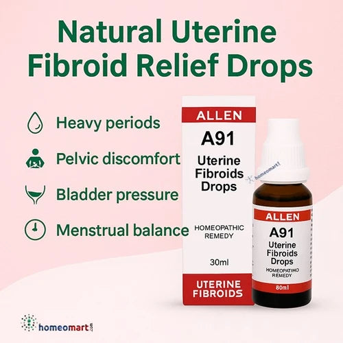 Allen A91 Uterine Fibroids Drops packaging with bottle on a pink background