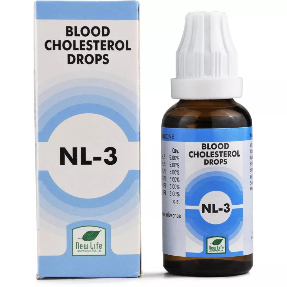 Bottle and box of Blood Cholesterol Drops NL-3 on a white background