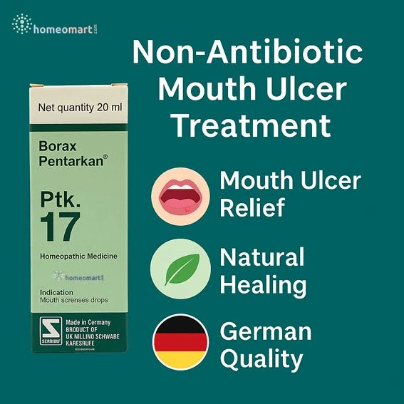 Borax Pentarkan homeopathic medicine packaging for mouth ulcer treatment on a green background with text highlighting benefits.