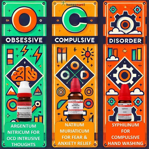 Three colorful homeopathic remedy bottles with labels indicating their uses for OCD, anxiety, and compulsive hand washing.