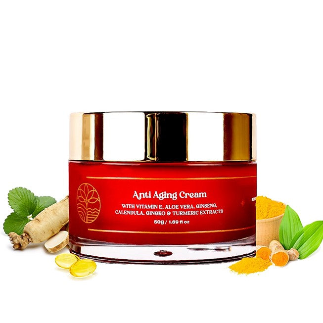 Red jar of anti-aging cream with ingredients on a white background