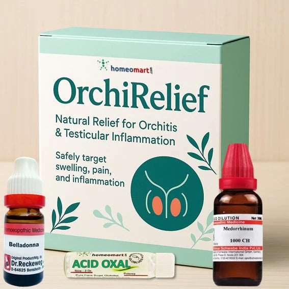 OrchiRelief is a professionally formulated homeopathic kit that targets inflammation, pain, and infection associated with Orchitis. With a powerful blend of mother tinctures and remedies like Belladonna, Echinacea, Thuja, and Medorrhinum, it works from within to restore comfort and immunity—naturally and safely.