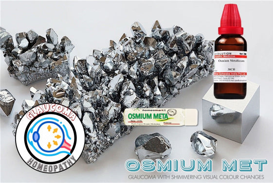 Osmium Met 30 is a homeopathic remedy that enhances dim vision, reduces high intraocular pressure, and manages light sensitivity in glaucoma patients. It helps with iridescent vision, a symptom often preceding visual field loss.