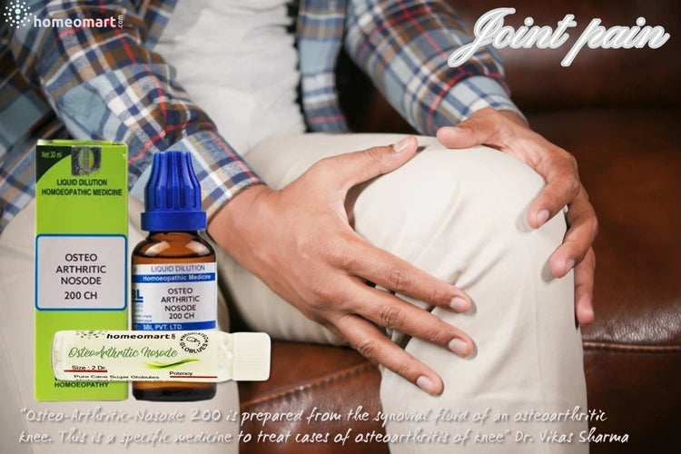 Bottle of Osteo Homeopathic Nosode 200 CH with packaging and text on joint pain relief.