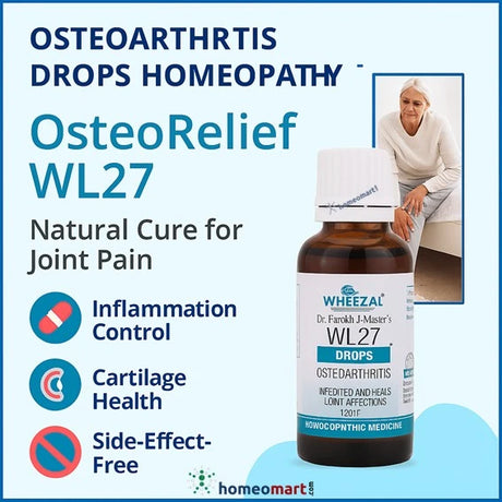 OsteoRelief WL27 homeopathy drops bottle with product details highlighting Osteoarthritis Drops Homeopathy benefits on a light blue background