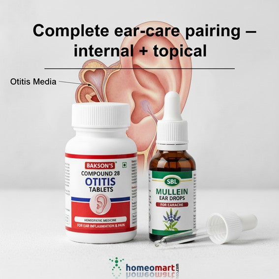 Two medical products for ear care with an illustration of an otitis affected ear on a light gray background.