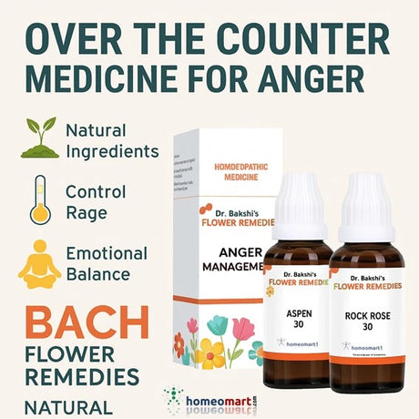 Bach Flower Remedies for anger management with product packaging and bottles on a white background.