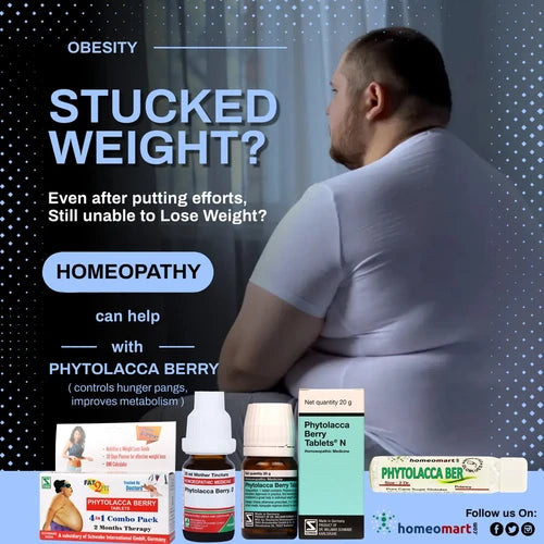 Advertisement for homeopathy products claiming to help with weight loss issues showing obese man