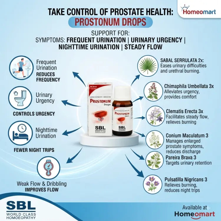 Prostonum Drops, homeopathy, homeopathic medicine, BPH, benign prostatic hyperplasia, enlarged prostate, prostate health, prostate support, frequent urination, urinary dribbling, urinary hesitancy, burning urination, urinary urgency, incomplete bladder emptying, nighttime urination,