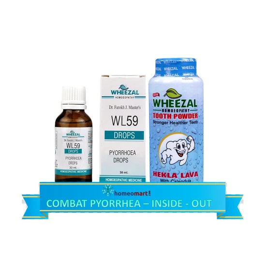 Tackle pyorrhea effectively  with the synergistic power of Wheezal WL-59 Pyorrhoea Drops and Wheezal Hekla Lava Tooth Powder