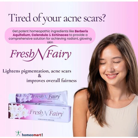 Fourrts Fresh n Fairy Homeopathic Fairness Cream combines the natural healing properties of Berberis Aquifolium, Calendula, and Echinacea to address a range of skin issues, from acne and dark circles to dryness and uneven skin tone.