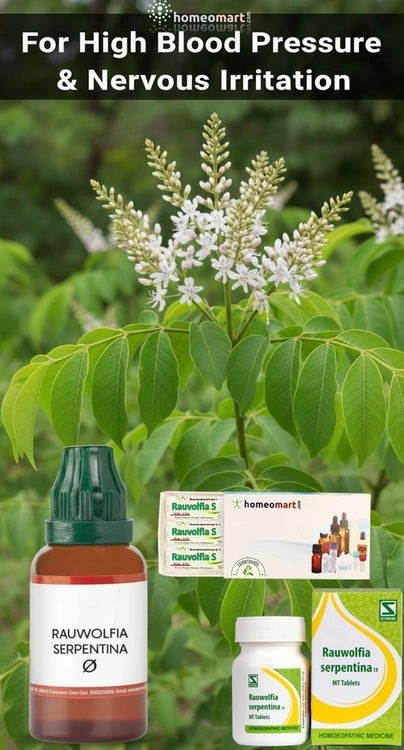 Homeopathic remedy for high blood pressure and nervous irritation with Rauwolfia serpentina on a green leafy background.