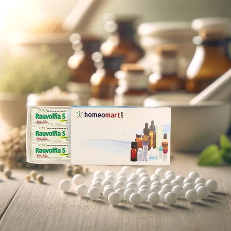 Homeopathy products including boxes and pills on a wooden surface with blurred bottles in the background.