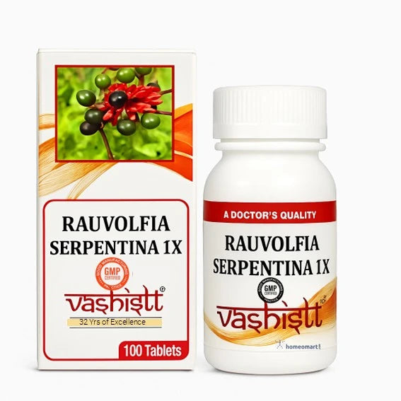 Vashisht Rauvolfia Serpentina 1X packaging and bottle on a white background
