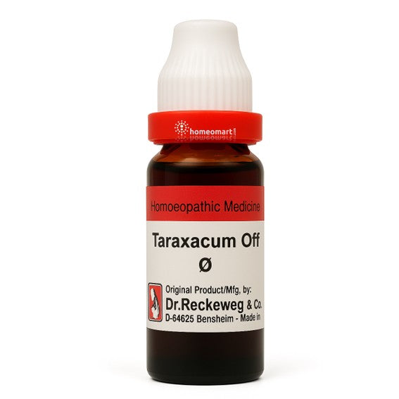Bottle of Taraxacum Off homeopathic medicine with a white background
