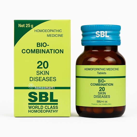 SBL Bio-Combination 20 Skin Diseases homoeopathic medicine bottle and packaging on a white background