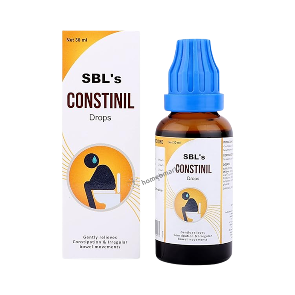 Find relief from constipation and bloating with SBL Constinil Drops. A homeopathic solution that eases hard stools, regulates bowel movements, and soothes digestive discomfort. Formulated with Senna and Cascara Sagrada for gentle and effective relief.