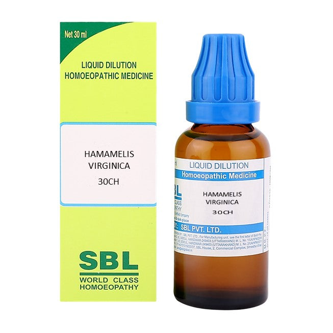SBL Hamamelis Virginica 30CH homeopathic medicine bottle and packaging on a white background