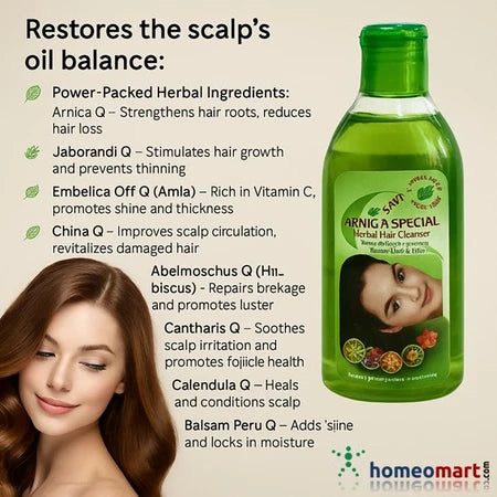 Savi Arnica Special Herbal Hair Cleanser with Arnica, Amla & Hibiscus. Controls hair fall, dandruff & restores scalp oil balance. 100% natural & chemical-free.