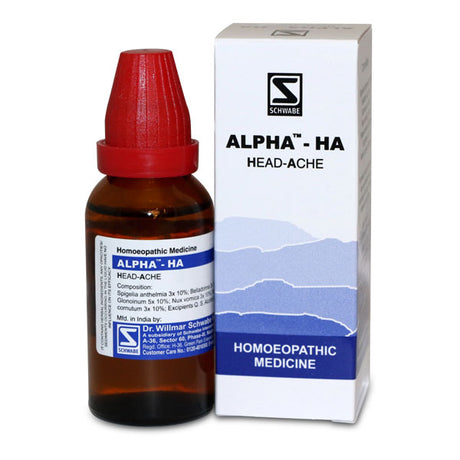 A product image featuring Schwabe Alpha HA, a homeopathic medicine for head-ache, with both the medicine bottle and packaging box displayed.