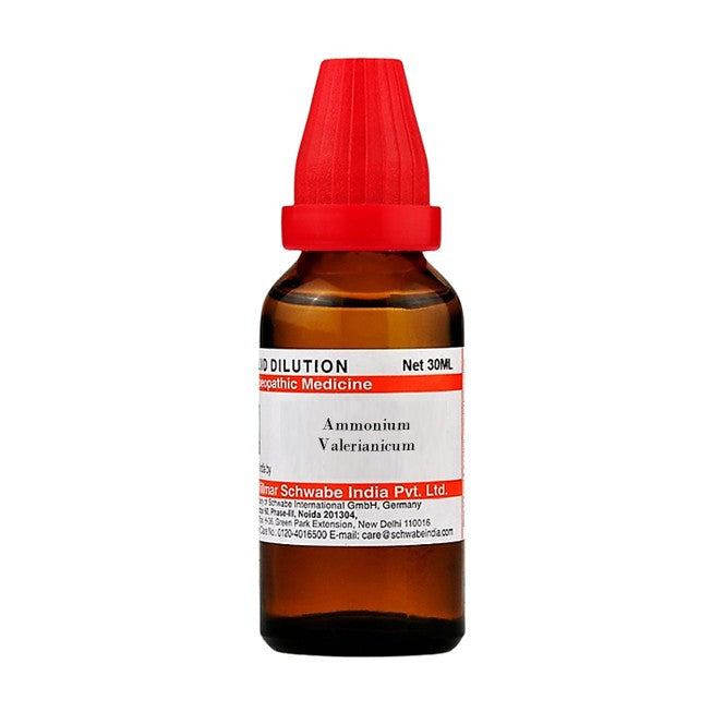 Schwabe Bottle of Ammonium Valerianicum homeopathic medicine with a red cap on a white background