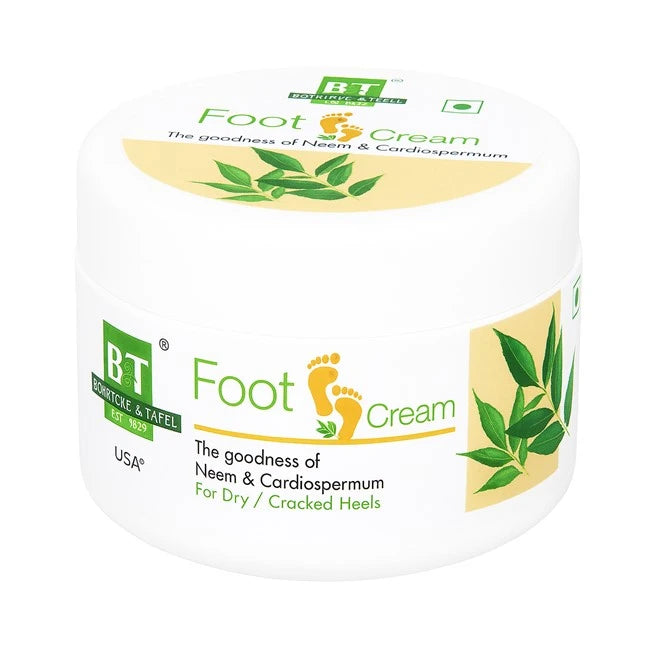 Jar of BT Foot Cream with branding and product details on a white background